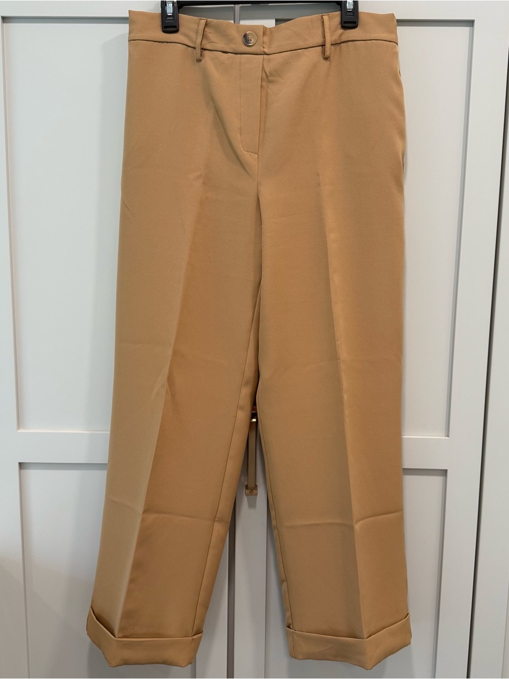 C by One Women’s Tan Dress Pants Sz L Straight Leg Flat Front Elastic Waist NWOT